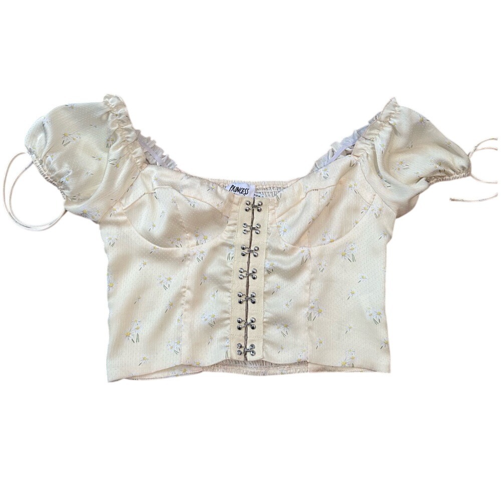 Princess Polly Allyson Floral Cropped Milkmaid Hook Front Closure Top Yellow 6‎